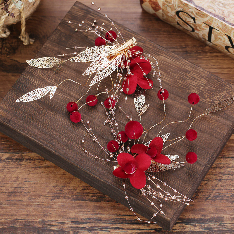 Red Fabric Flower Gold Leaf Tassel Bridal Headpiece Wedding Chinese Style Elegant Banquet Hair Crown - Image 3