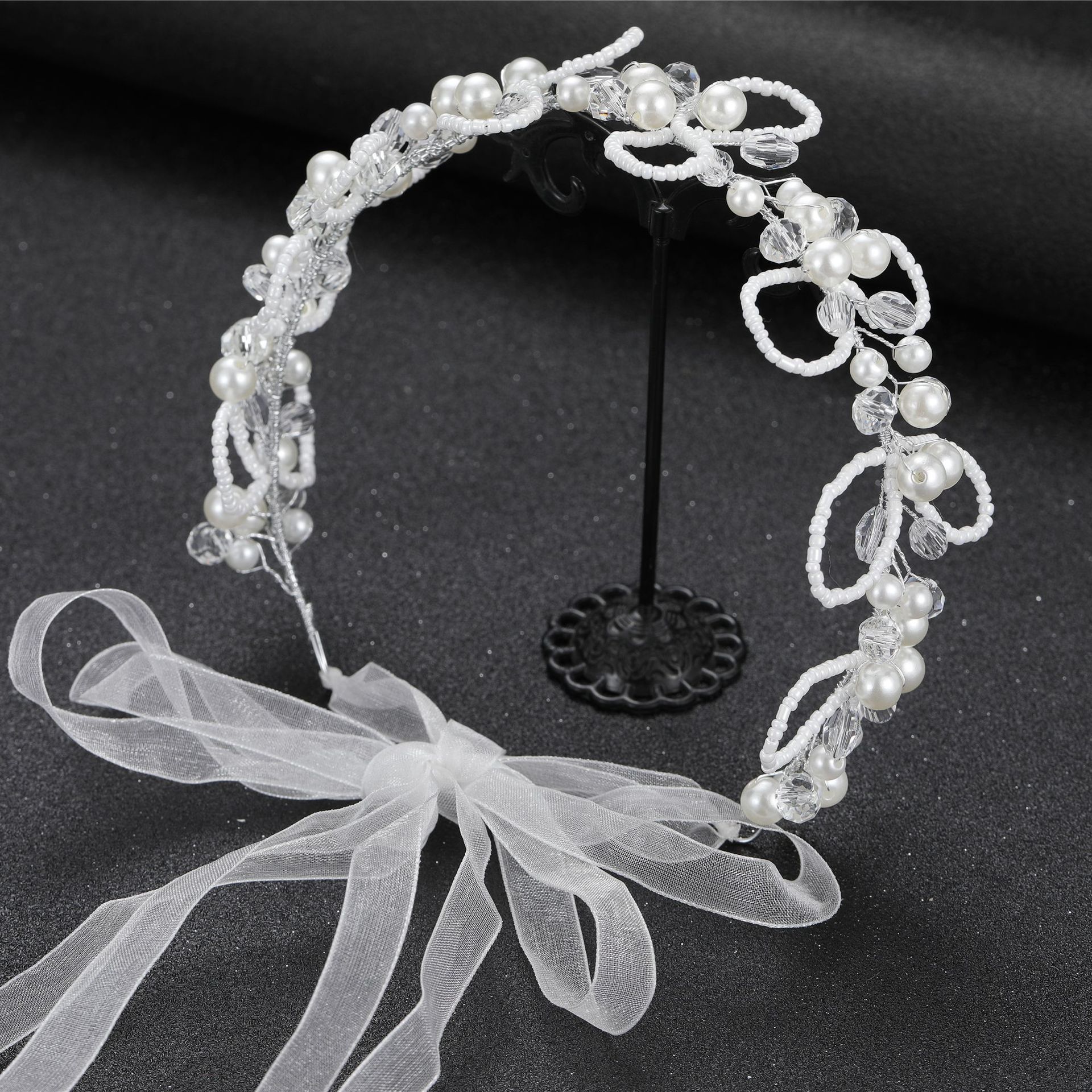 Handmade Pearl Beaded Flower Bridal Headband With Sheer Ribbon Elegant Wedding Party Women Hair Accessory - Image 3