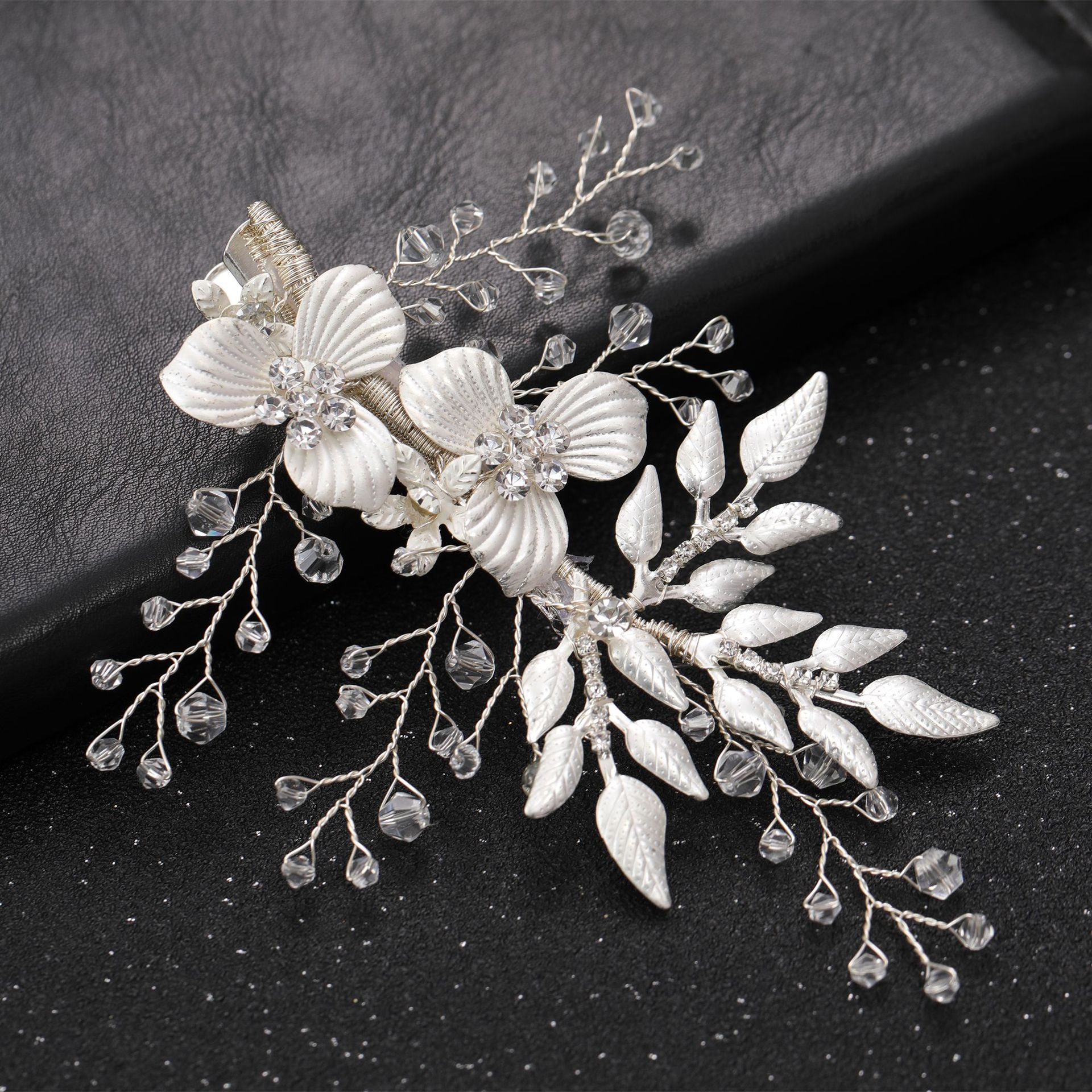Silver Flower Leaf Crystal Bridal Hair Clip Elegant Wedding Party Women Floral Hair Accessory Headdress - Image 3