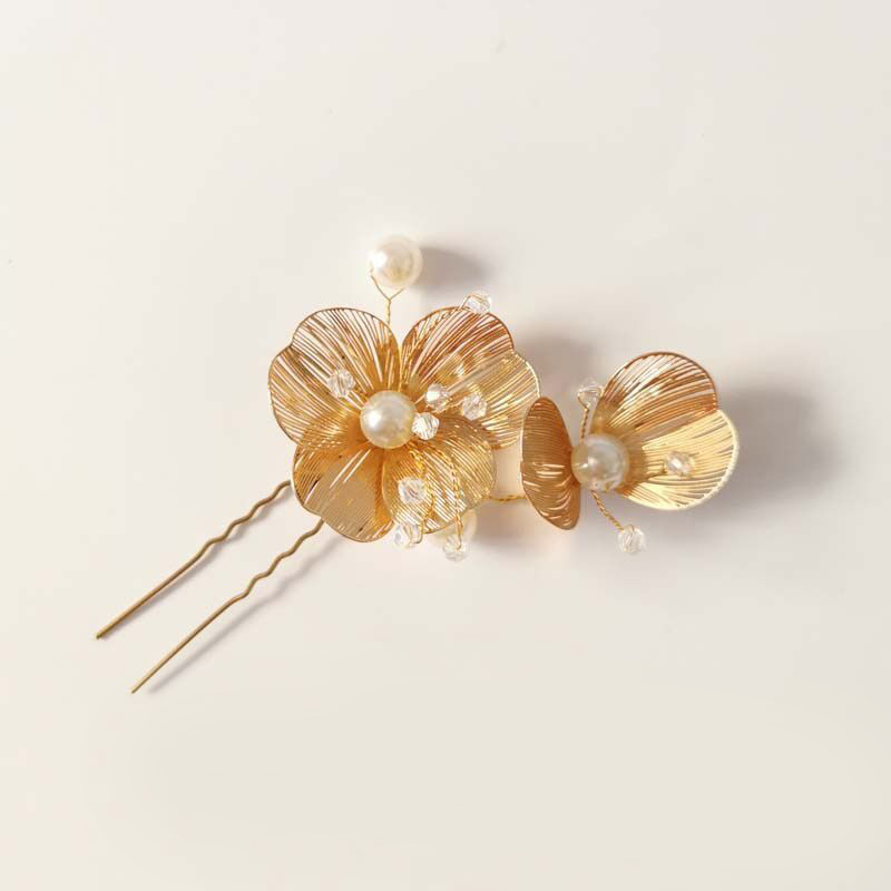 Handmade Gold Metal Flower Pearl Crystal Bridal U Hair Pins Elegant Wedding Party Hair Accessory - Image 3