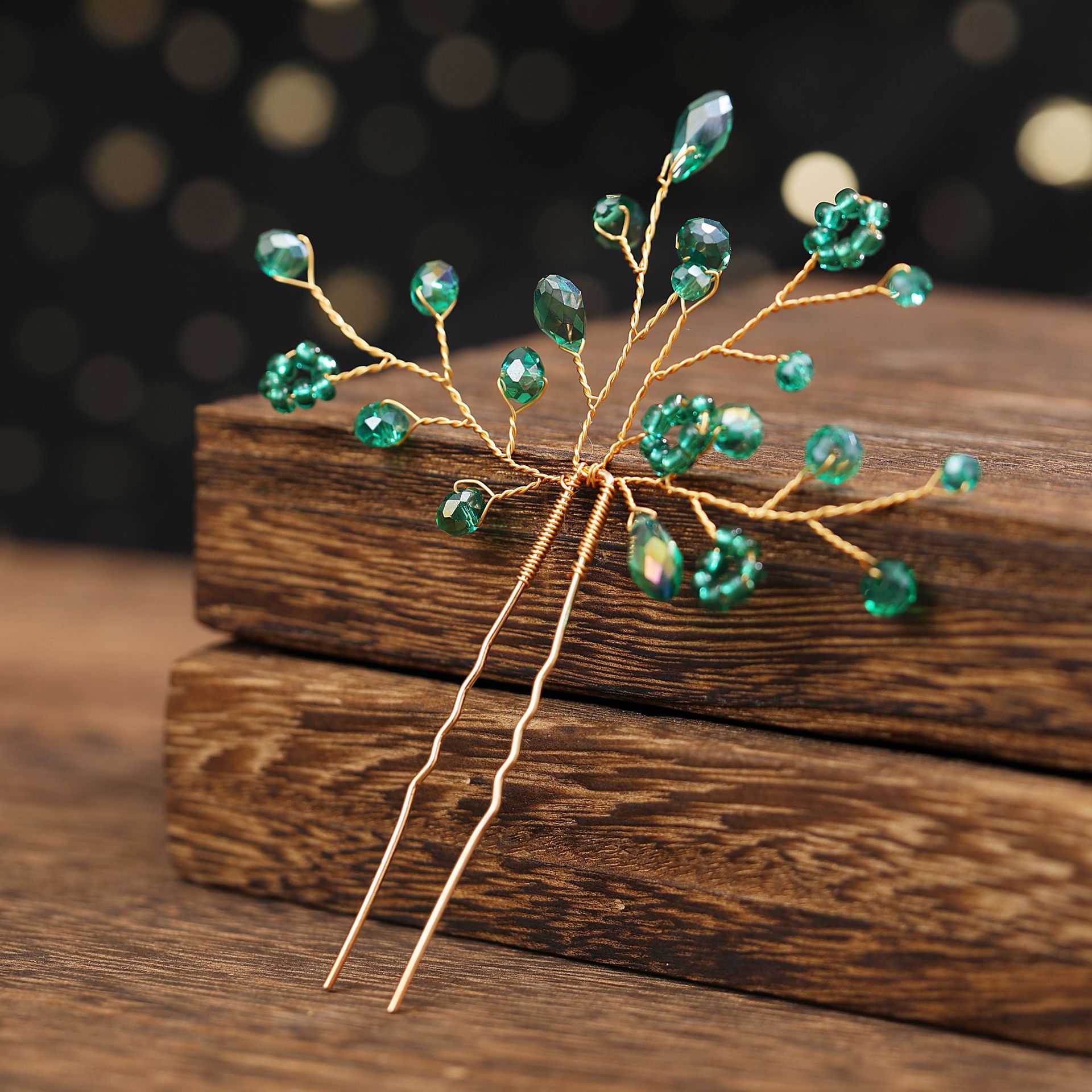 Handmade Gold Wire Green Crystal Bridal U Hair Pin Elegant Wedding Party Women Hair Accessory - Image 3