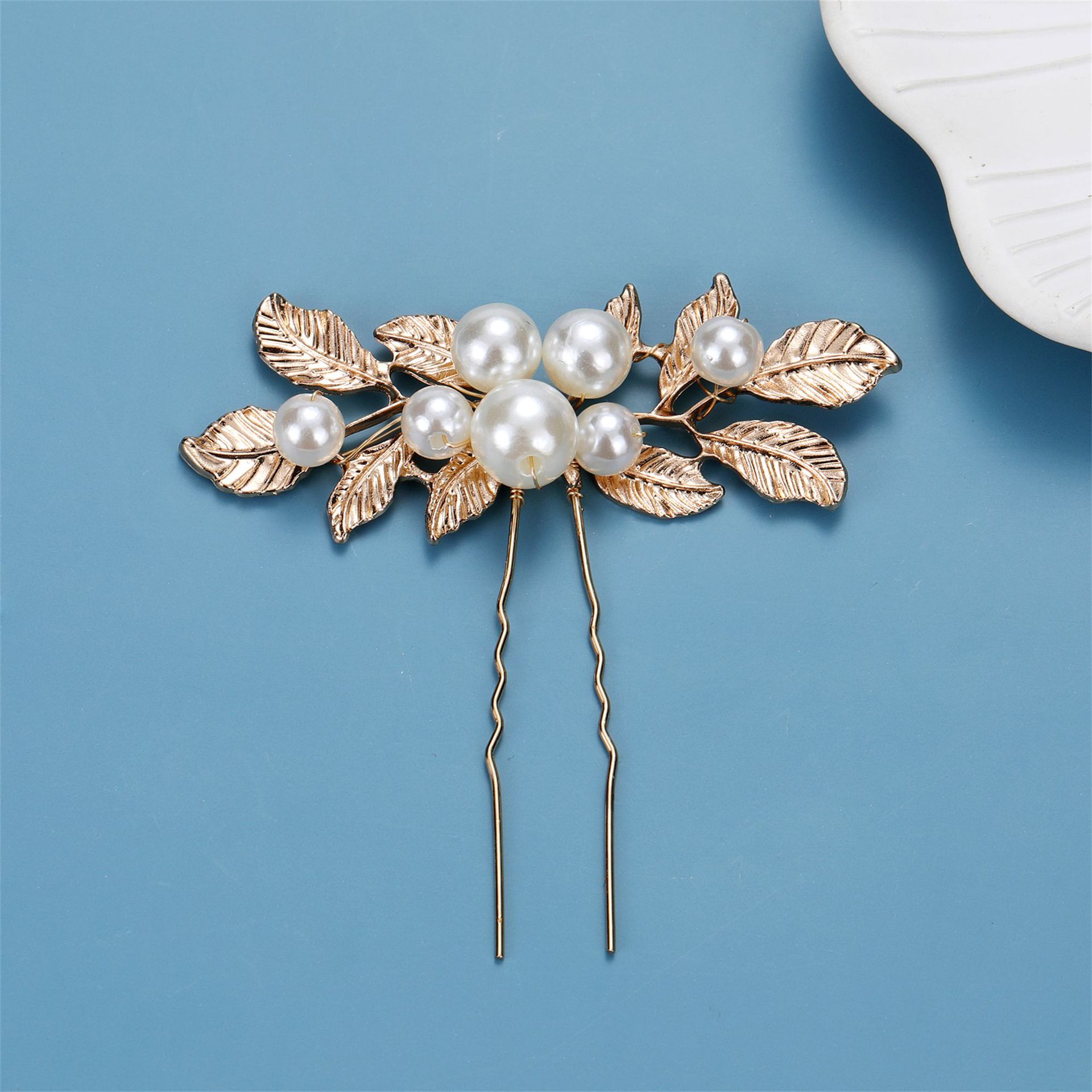 Gold Leaf Pearl Bridal U Hair Pin Elegant Vintage Wedding Party Women Floral Hair Accessory - Image 3