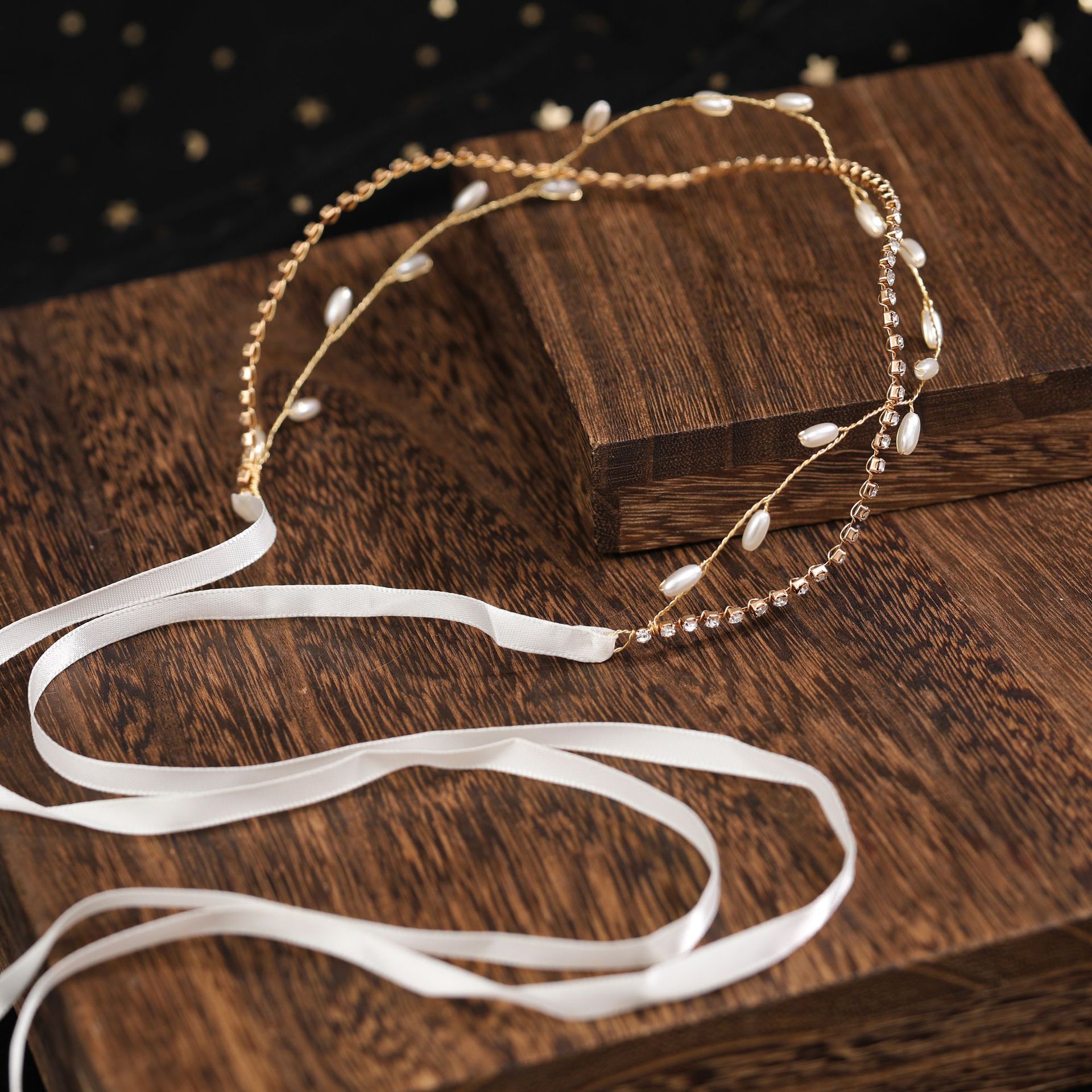 Gold Rhinestone Pearl Satin Ribbon Bridal Headband Delicate Wedding Party Women Boho Thin Hair Accessory - Image 3