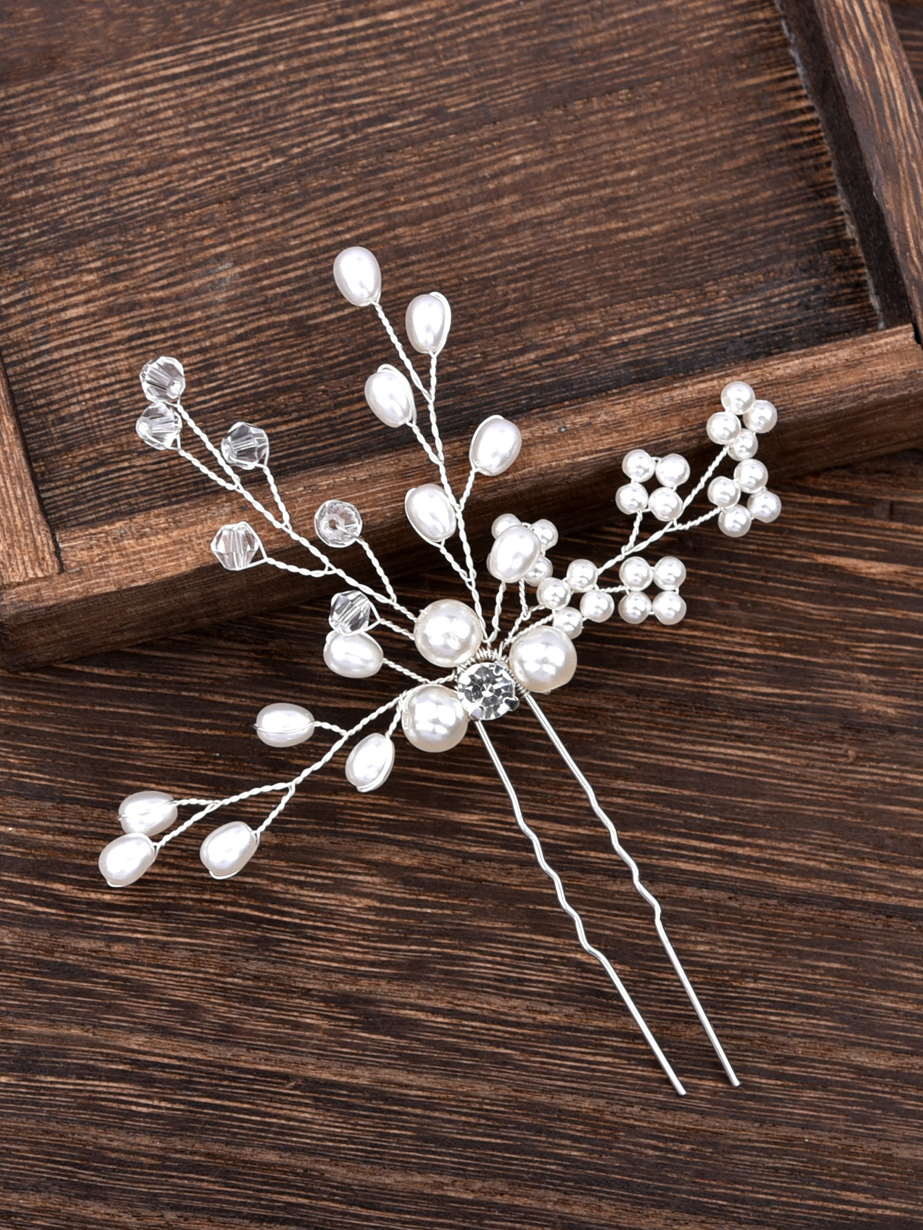 Silver Pearl Crystal Bridal U Hair Pin Elegant Wedding Party Women Boho Floral Hair Accessory - Image 3