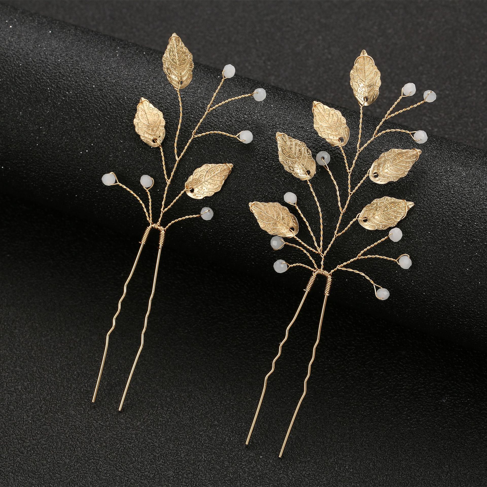 Gold Leaf Clear Crystal Bridal U Hair Pins Set Elegant Wedding Party Women Vintage Accessories - Image 3