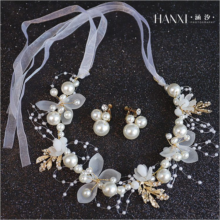 Gold Pearl Flower Bridal Headband Earrings Set Elegant Wedding Party Women Floral Ribbon Hair Accessories - Image 3