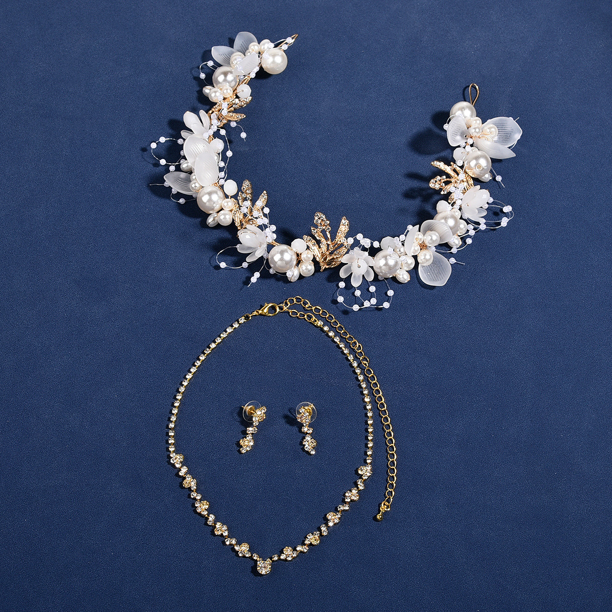 Silver Pearl Flower Bridal Headband Necklace Earrings Set Elegant Wedding Party Women Floral Bridal Accessories - Image 3