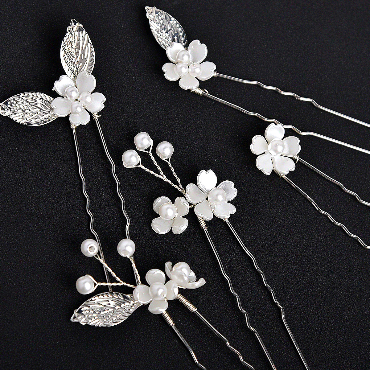 Handmade Cherry Blossom Pearl Hairpin Pack Golden Leaf Wave U Shaped Hair Sticks for Bride Updo Hairstyle - Image 3