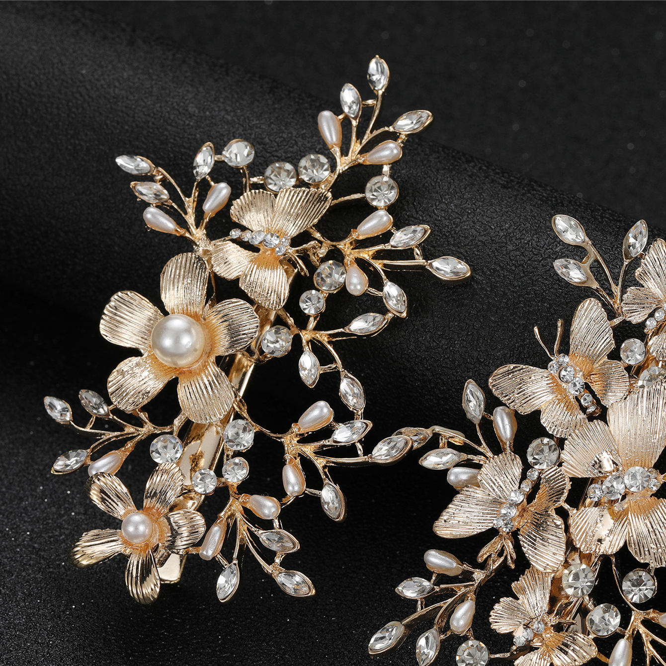 Gold Floral Butterfly Pearl Crystal Bridal Hair Clips Wedding Head Accessories - Image 3