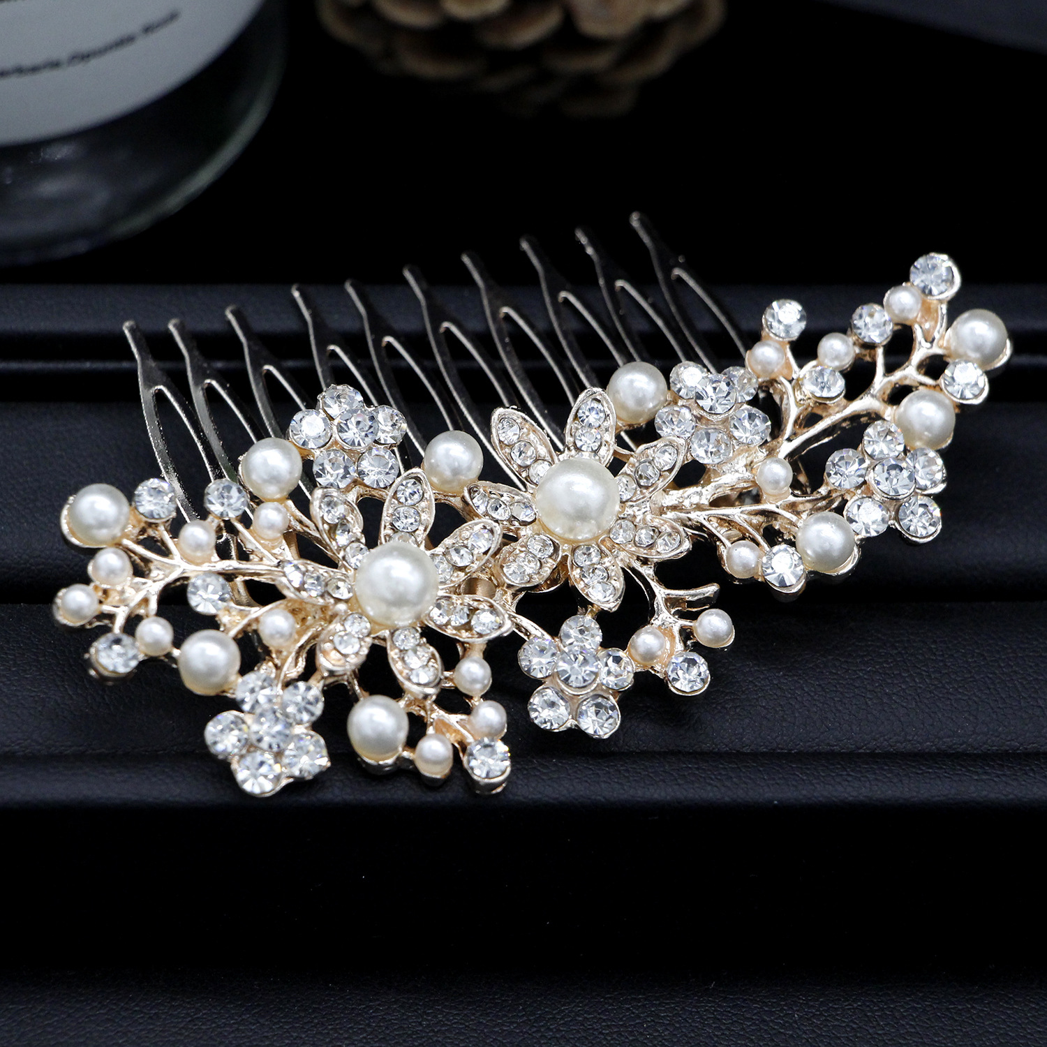 Vintage Branch Floral Crystal Pearl Gold Hair Comb for Banquet Photoshoot Wedding Updo Hair Accessory - Image 3