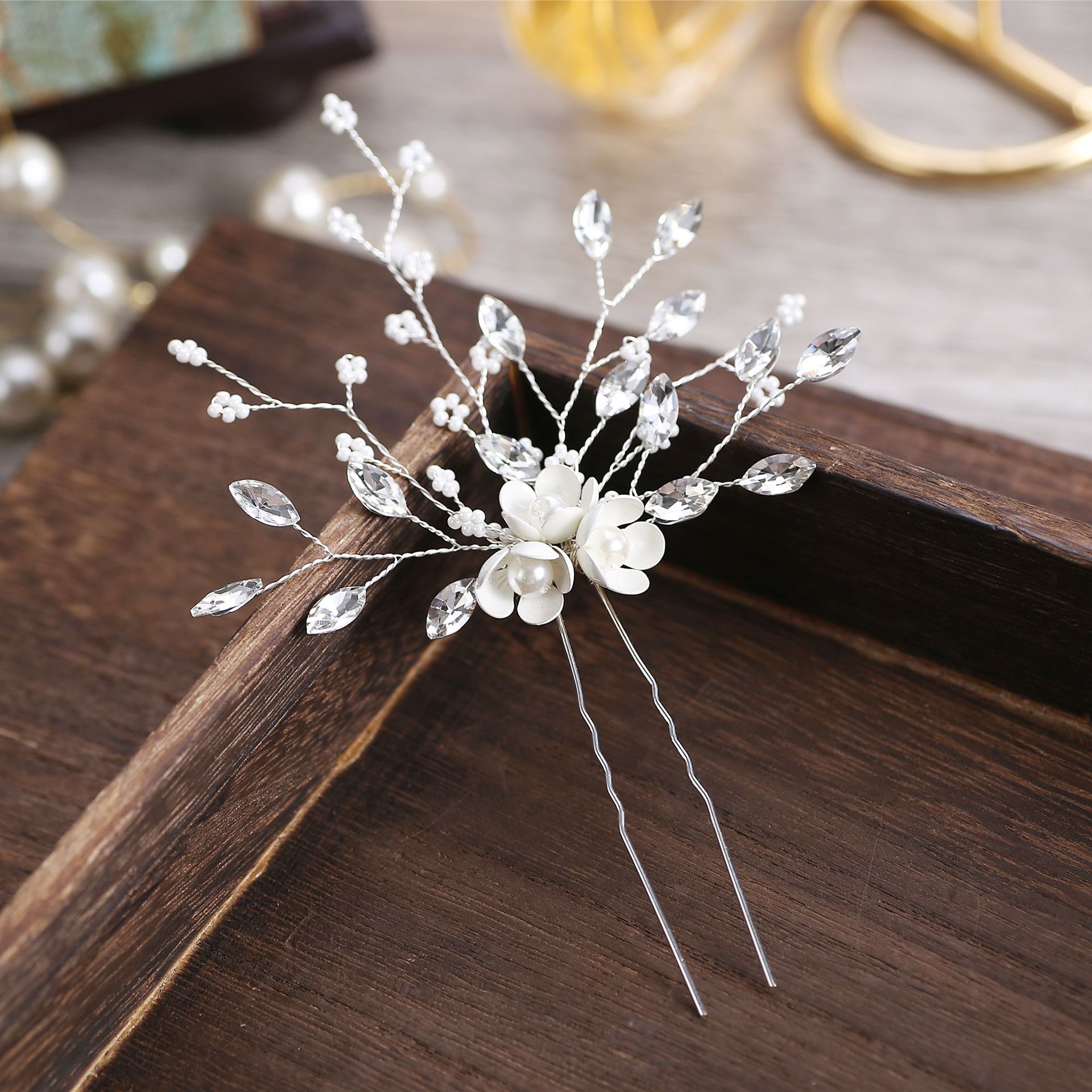 Elegant White Ceramic Flower Crystal Pearl Hair Pin for Banquet Photoshoot Wedding Updo Bridal Decor - Image 3