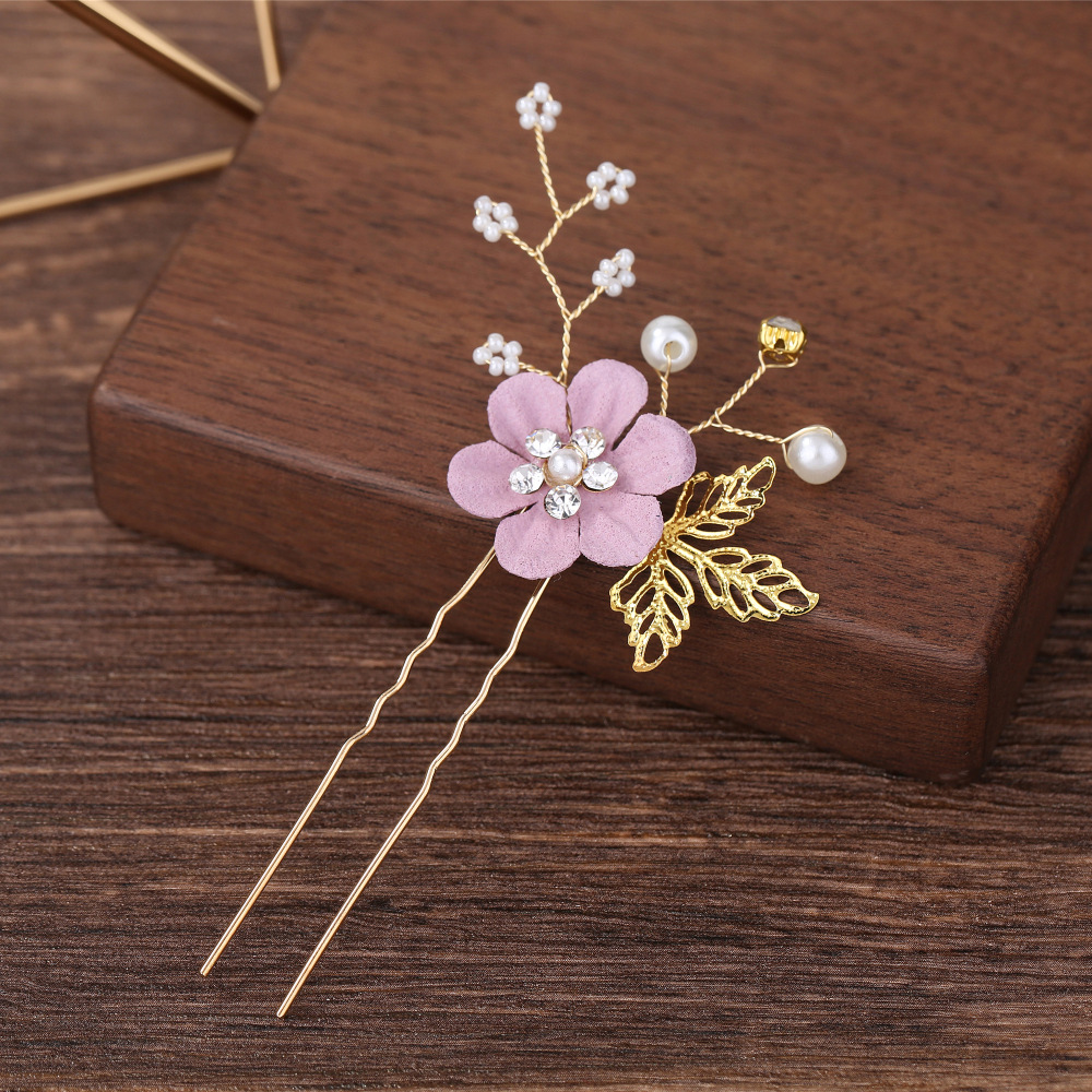 Gold‑Leaf Purple Fabric Flower Pearl Bridal Hair Comb Pins Set Wedding Hair Accessory for Women Gift - Image 3