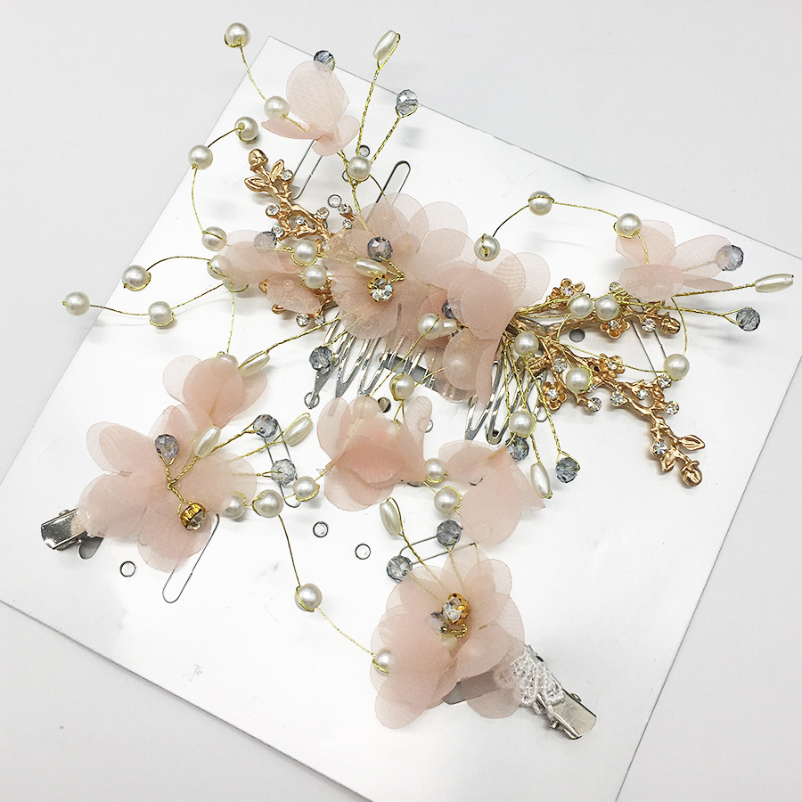 Red Chiffon Flower Pearl Crystal Gold‑Wire Bridal Hair Comb And Clips Wedding Accessory Set for Women Gift - Image 3