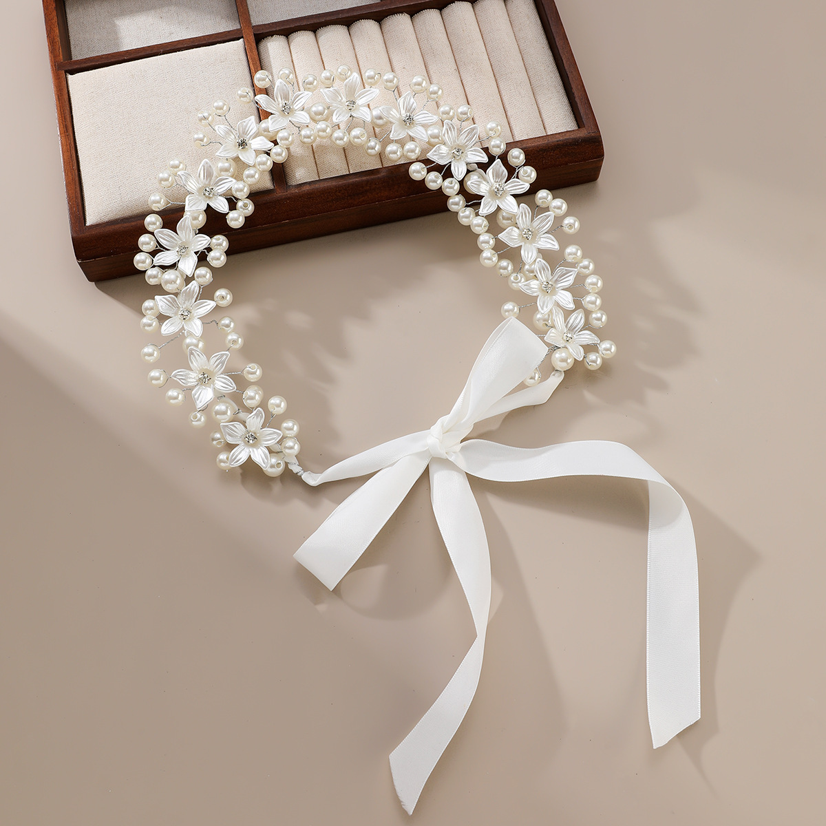 Pearl Flower Bridal Headband White Satin Ribbon Adjustable Wedding Hair Wreath for Women Gift - Image 3