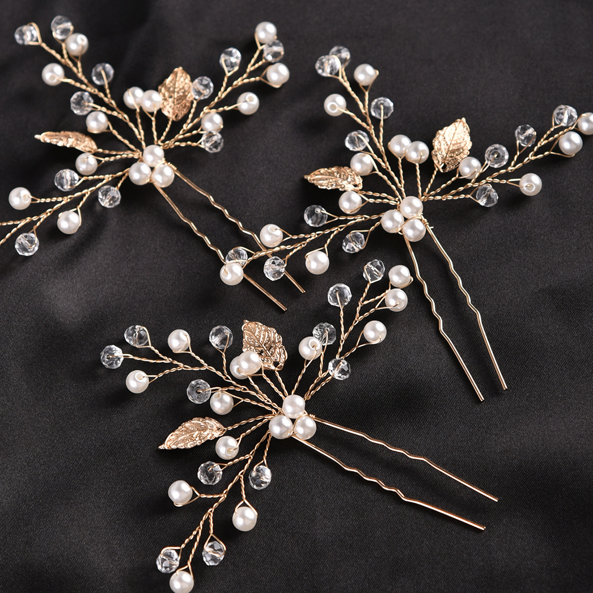 Silver Leaf Pearl Crystal Hairpin Set Bohemian Wedding Bridal U Shaped Hair Sticks - Image 3