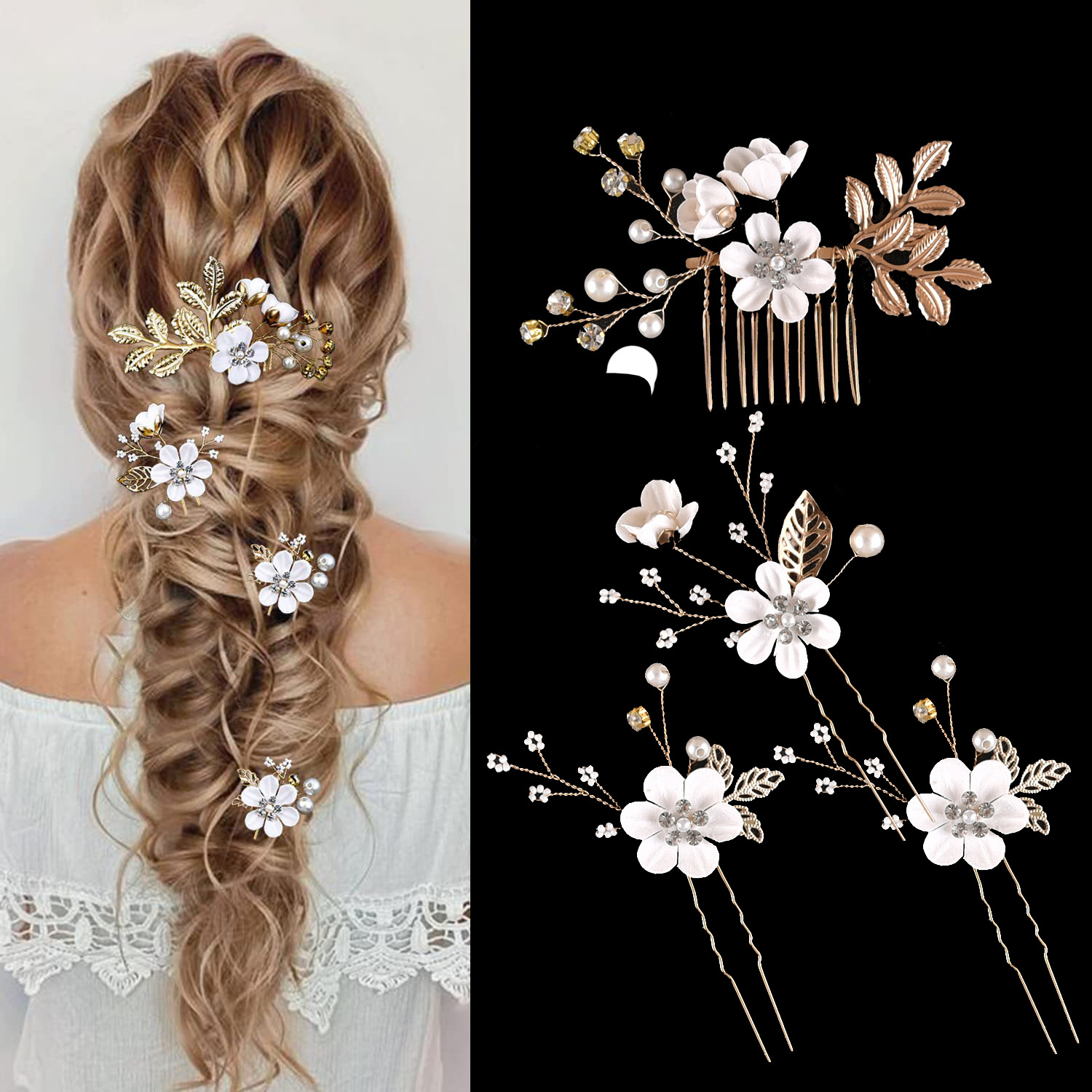 Dusty Blue Flower Pearl Hair Comb & Hairpin Set Bohemian Wedding Bridesmaid Hair Jewelry - Image 3