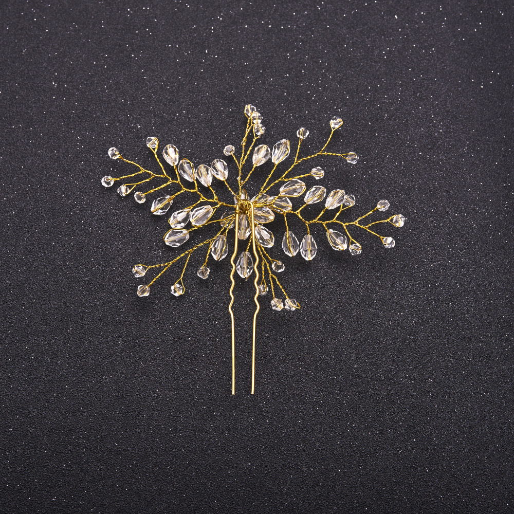 Crystal Bead Branch Hairpin Golden Silver Wire Wedding Bridal U Shaped Hair Stick - Image 3