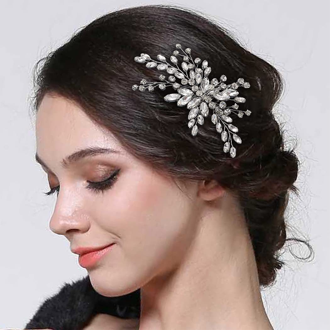 Silver Rhinestone Floral Hair Comb Sparkling Crystal Wedding Bridal Side Hair Jewelry - Image 3