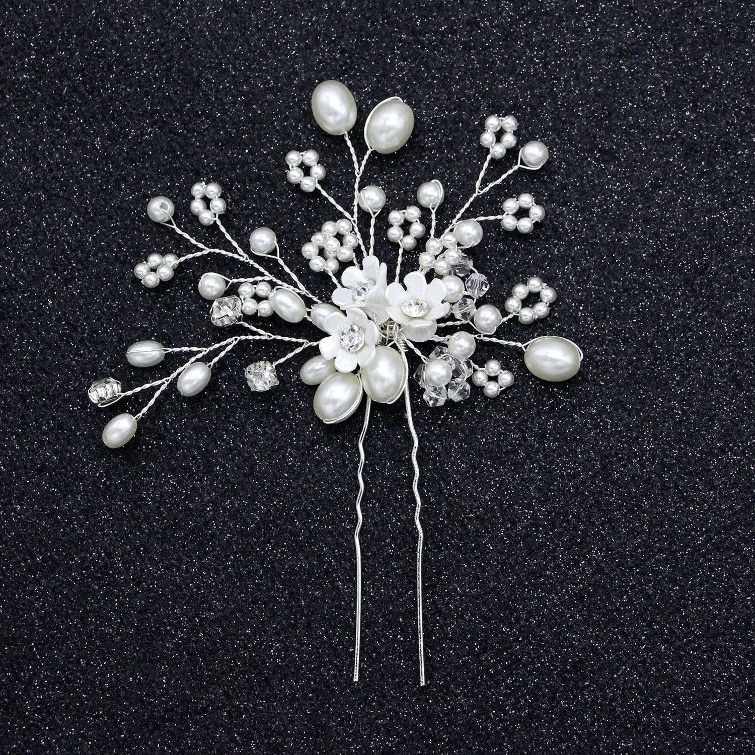 Pearl Crystal Flower Twig Hairpin Silver U Shaped Hair Stick Wedding Bridal Hair Jewelry - Image 3