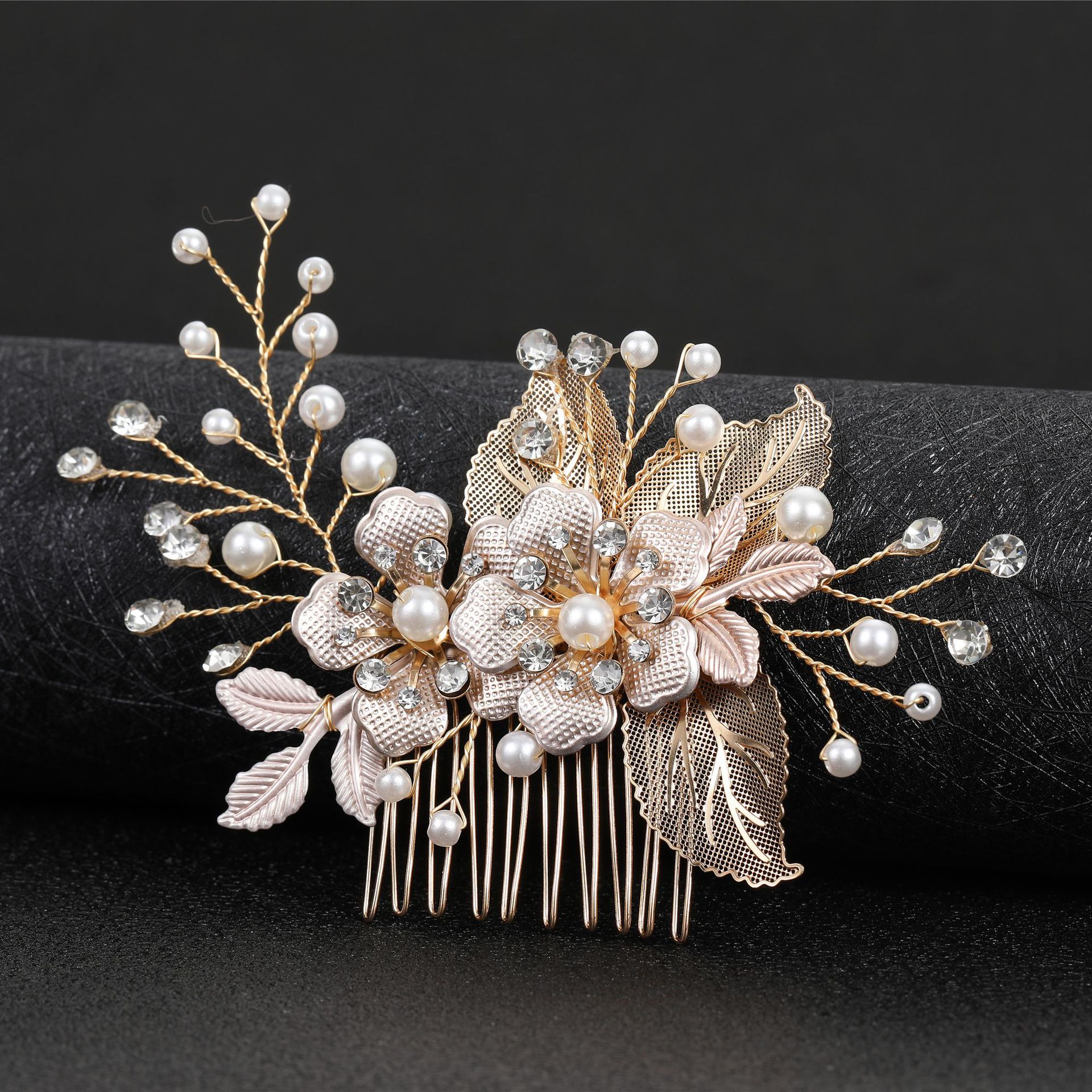 Rose Gold Pearl Crystal Leaf Hair Comb Bohemian Wedding Bridal Side Hair Jewelry - Image 3