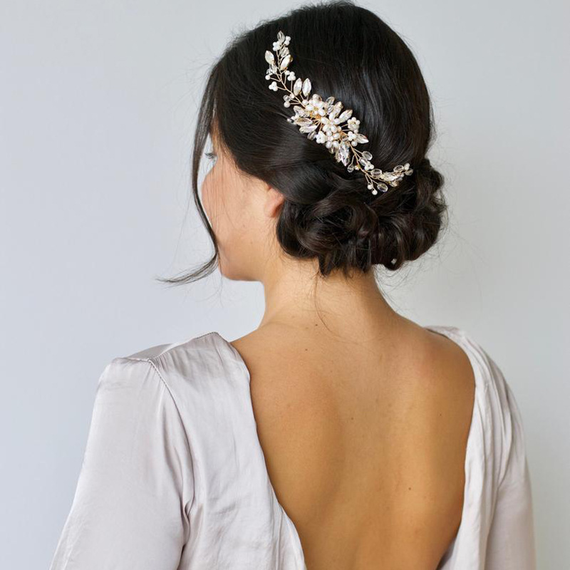 Gold Crystal Pearl Wedding Hair Comb Bridal Floral Hairpiece - Image 3