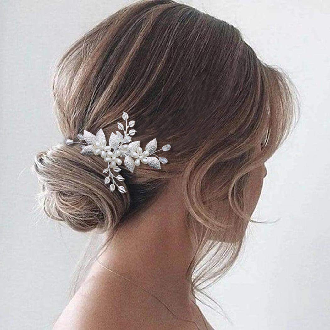 Handmade Vintage Silver Metal Leaf Branch Hair Pin with Pearl & Clear Crystal Elegant Bridal Updo Hair Fork for Wedding Prom - Image 3