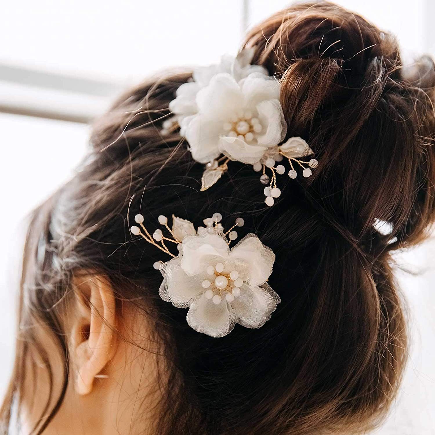 2Pcs White Tulle Flower Hair Pins, Sheer Fabric Floral Pearl Leaf Bridal Hair Clips Wedding Updo Hair Accessories Set - Image 3