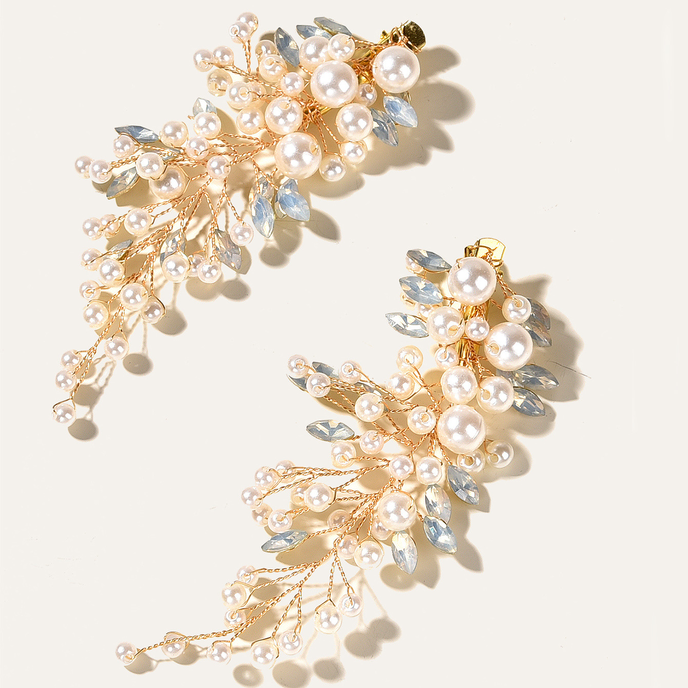 Pearl Blue Crystal Branch Hair Clips Gold Bridal Wedding Hairpin Pair - Image 3