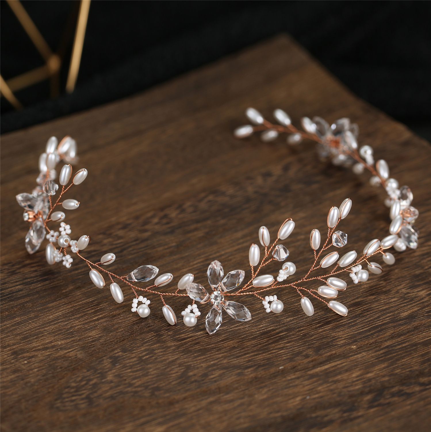 Pink Crystal Pearl Floral Hair Vine Rose Gold Wedding Headpiece - Image 3