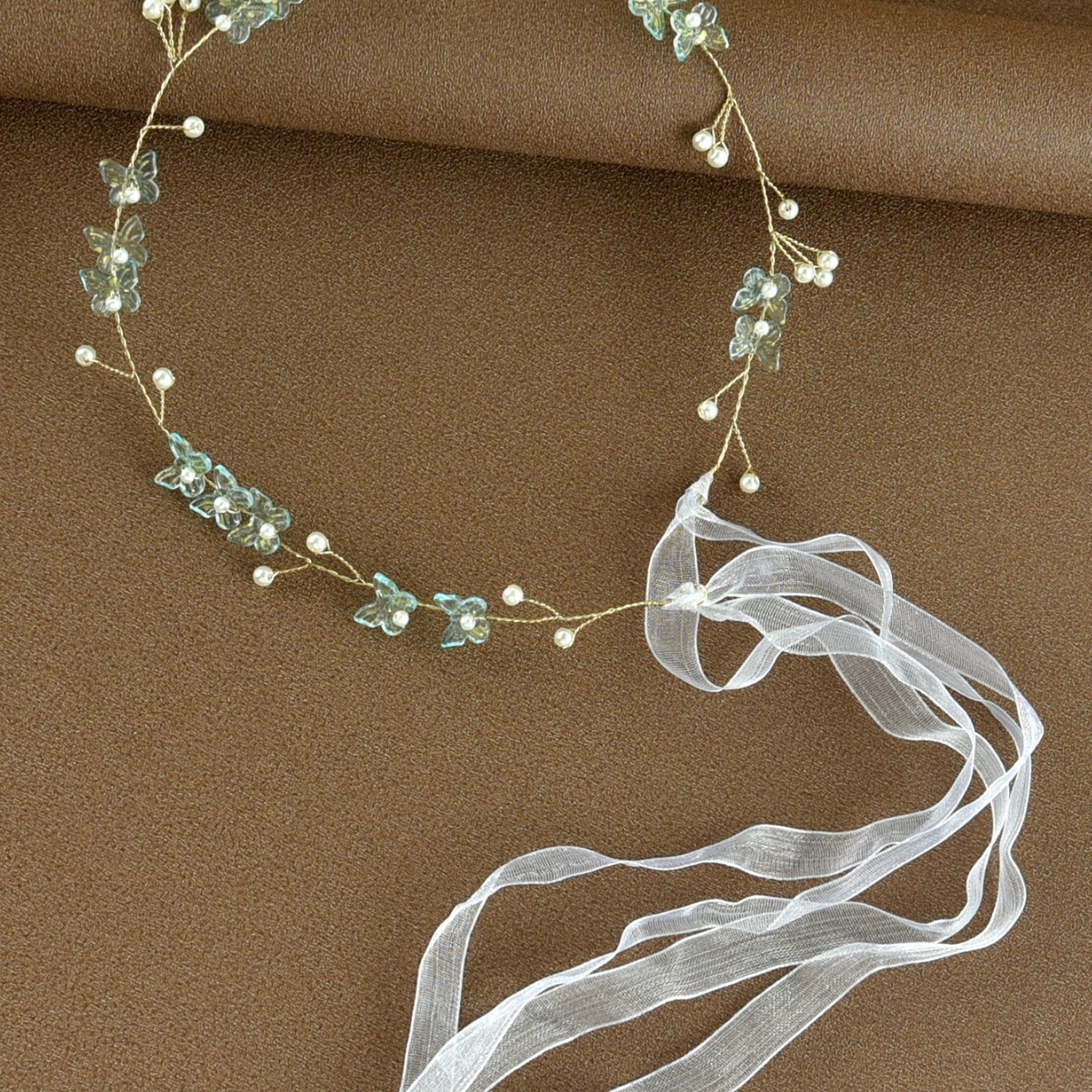 Blush Pink Flower Pearl Gold Hair Vine with Sheer White Ribbon Bridal Headband - Image 3