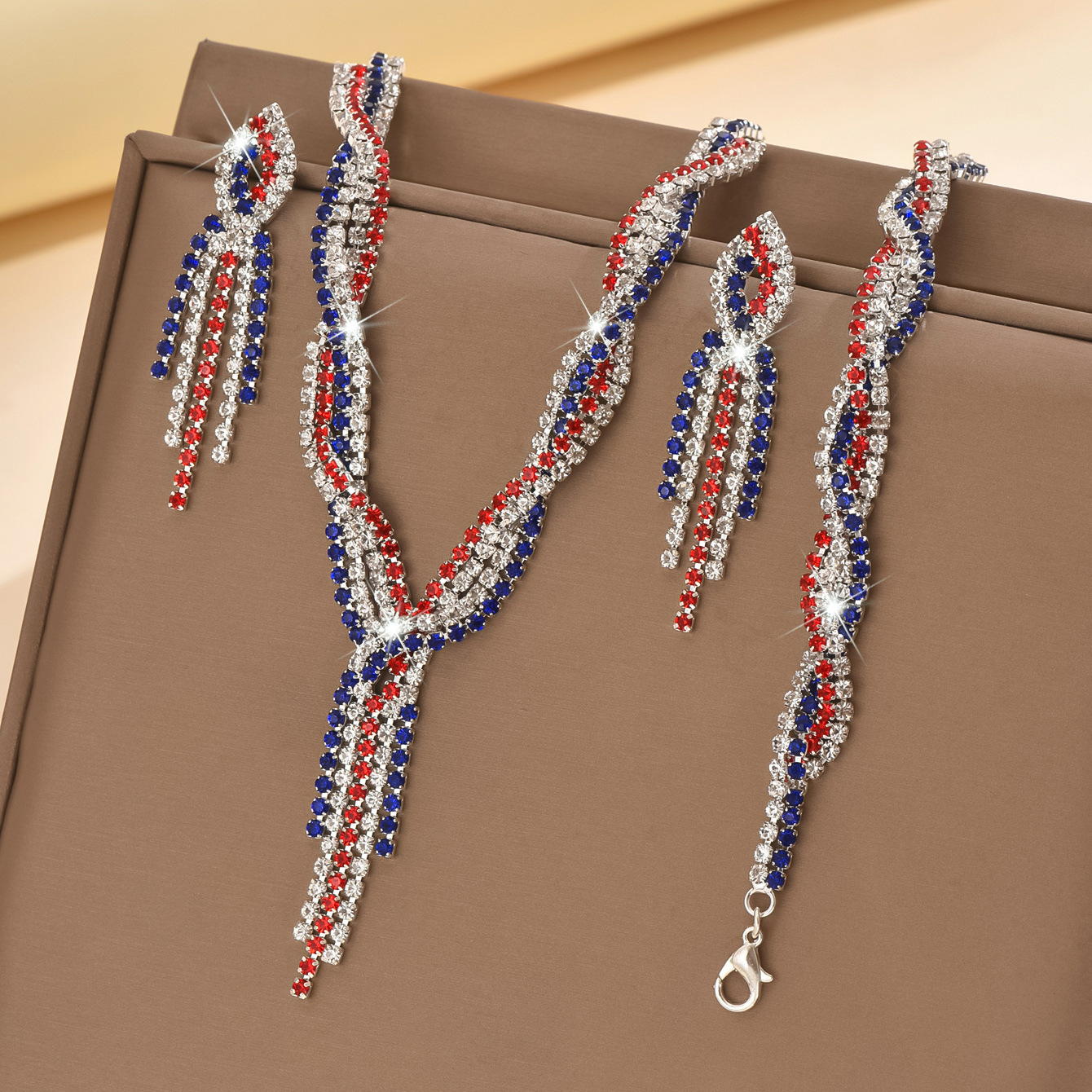 Twisted Tassel Dangle Full Rhinestone Three Pieces Formal Jewelry Set For Women Party Occasions - Image 4