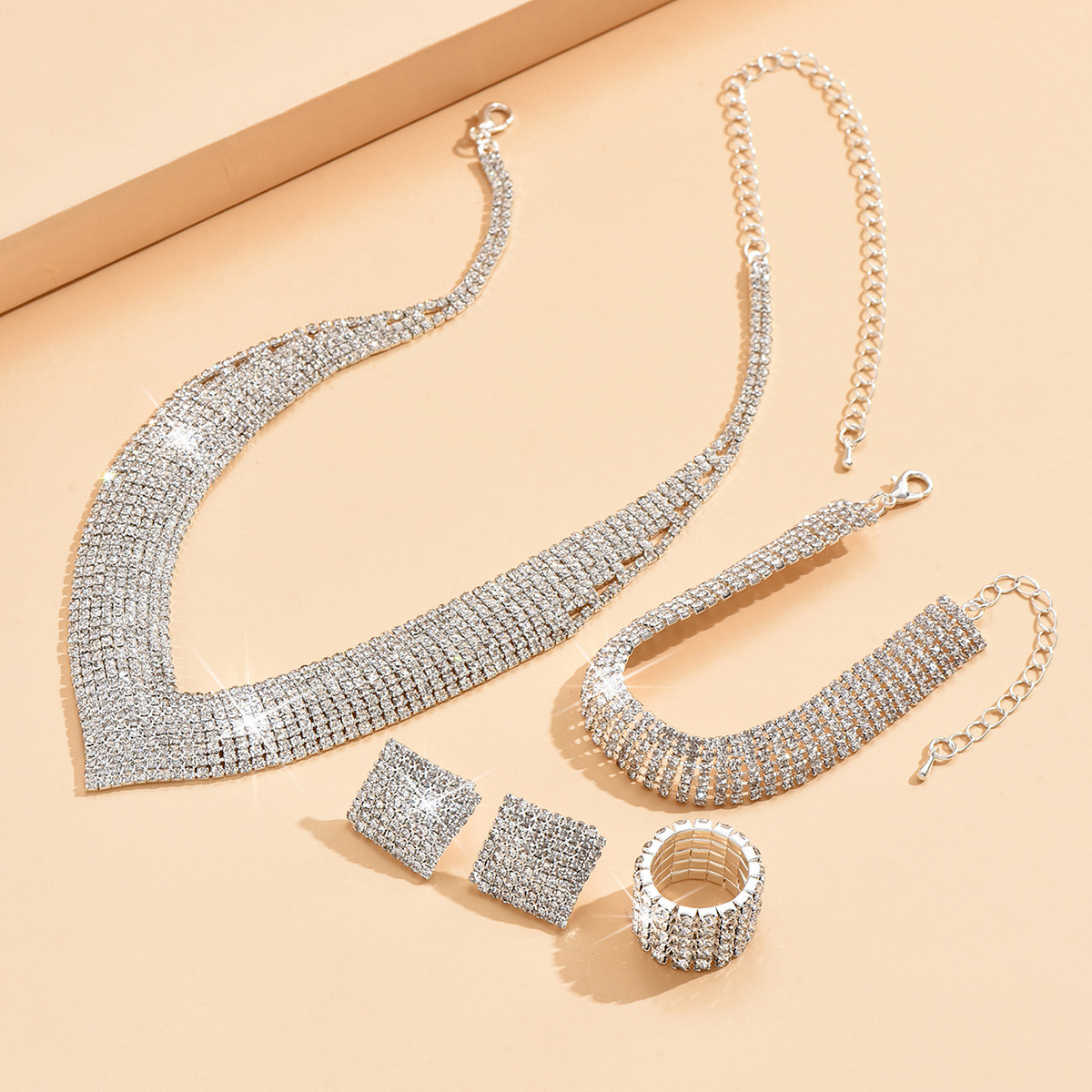 Square Rhinestone V Shape Four Pieces Full Paved Jewelry Set For Women Formal Party Events - Image 2