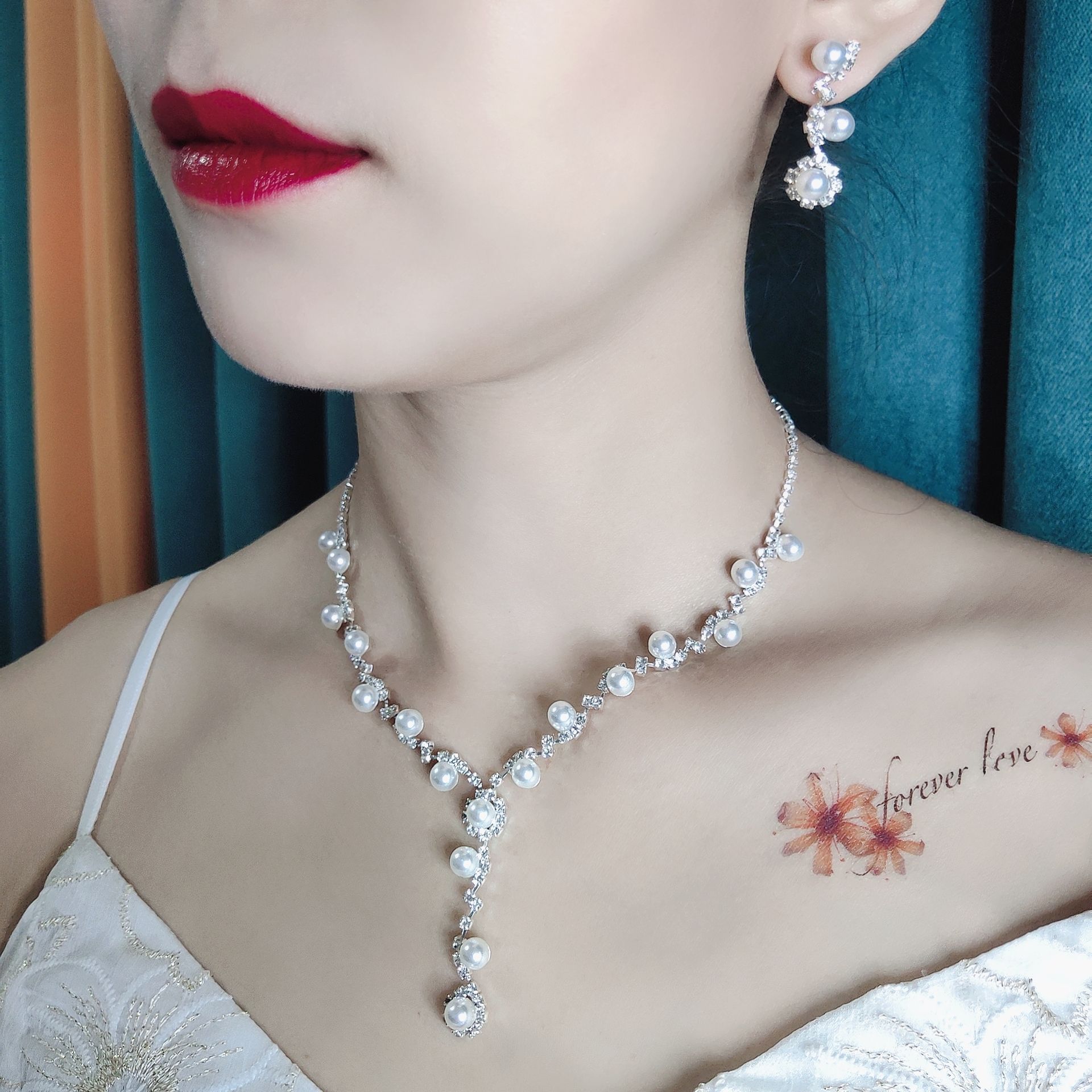 Pearl Inlaid Tassel Pendant Three Pieces Bridal Jewelry Set For Wedding Formal Occasions - Image 2