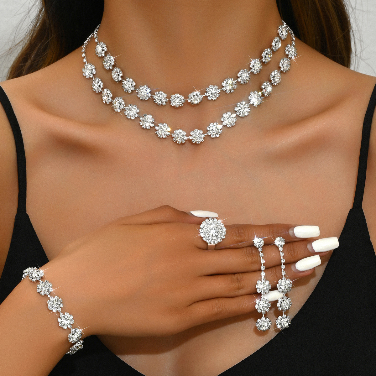 Sparkling Floral Cluster Necklace Bracelet Earrings Women Formal Occasion Jewelry Complete Set - Image 2