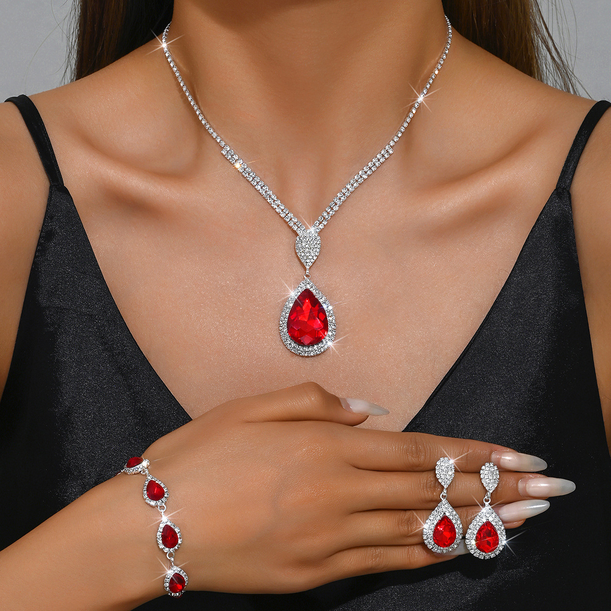 Pear Shape Halo Gem Pendant Necklace Bracelet Drop Earrings Women Luxury Gala Jewelry Matching Set - Image 5