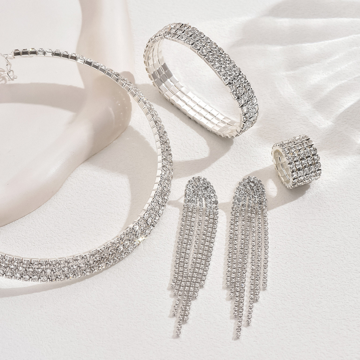Multi Row Paved Choker Bracelet Stack Ring Long Tassel Drop Earrings Women Pageant Jewelry Full Set - Image 3