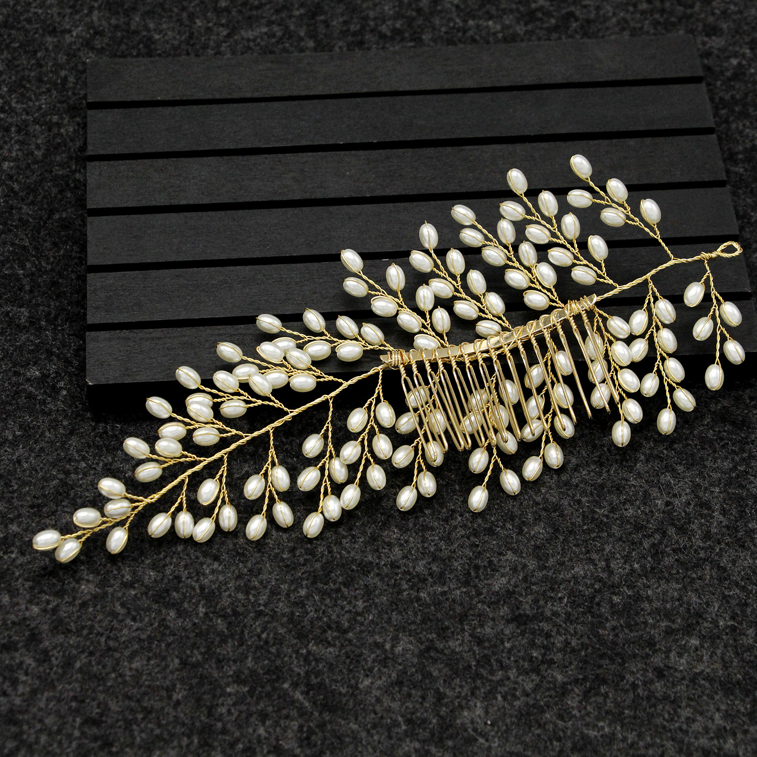 Gold Wire Teardrop Pearl Leaf Bridal Hair Comb Wedding Accessory for Women Brides and Ladies - Image 3