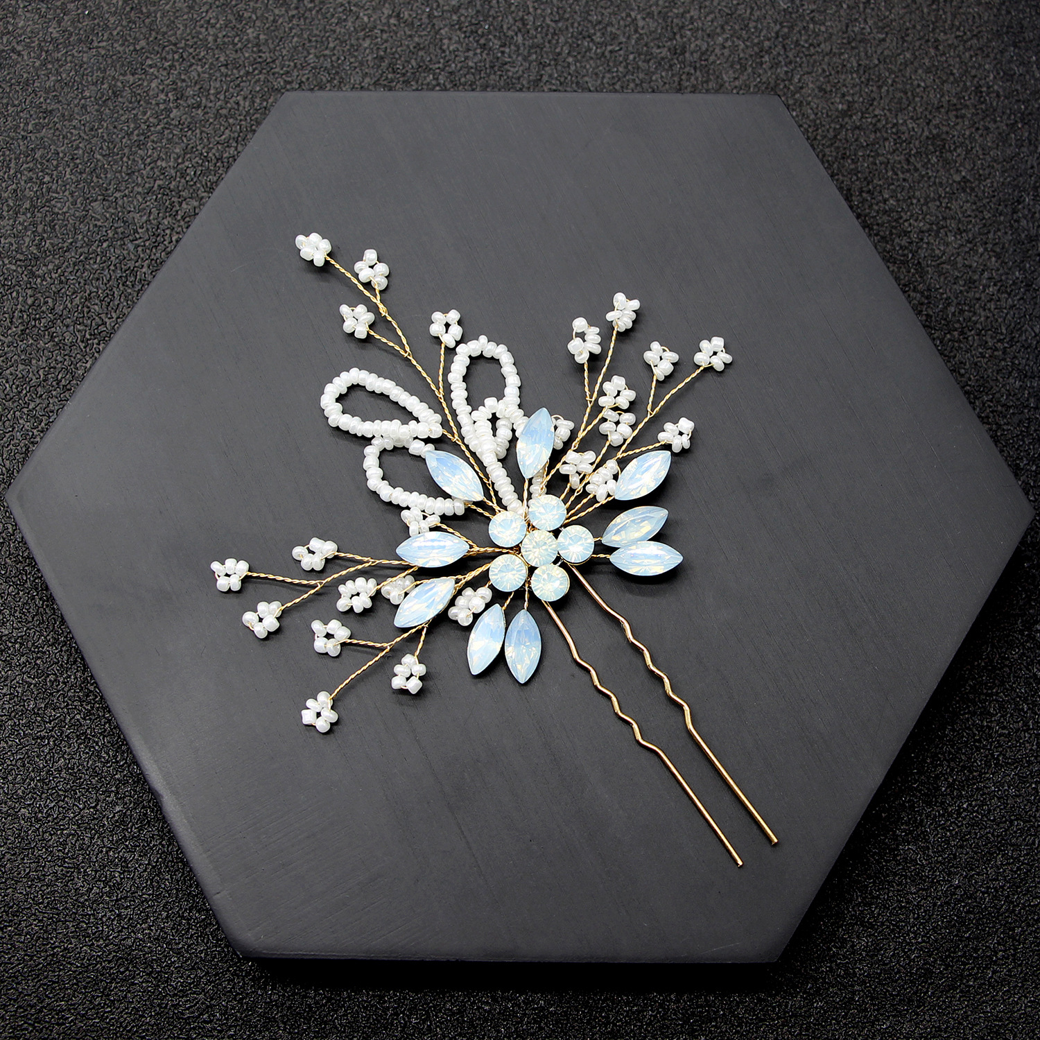 Opal Crystal Beaded Gold Hair Fork Bridal Wedding Women Elegant Hair Decor - Image 3