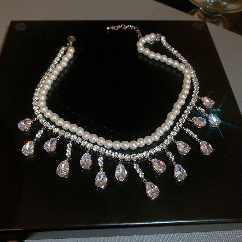 Double Layer Pearl Teardrop Rhinestone Choker Women Formal Party Necklace - Image 3
