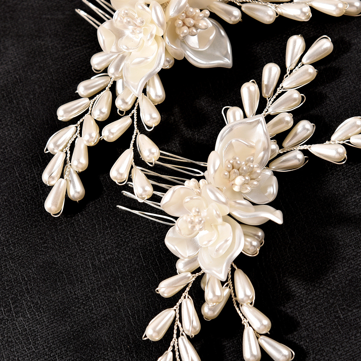 White Teardrop Pearl Floral Hair Comb Set Bridal Wedding Hair Accessories for Women - Image 3
