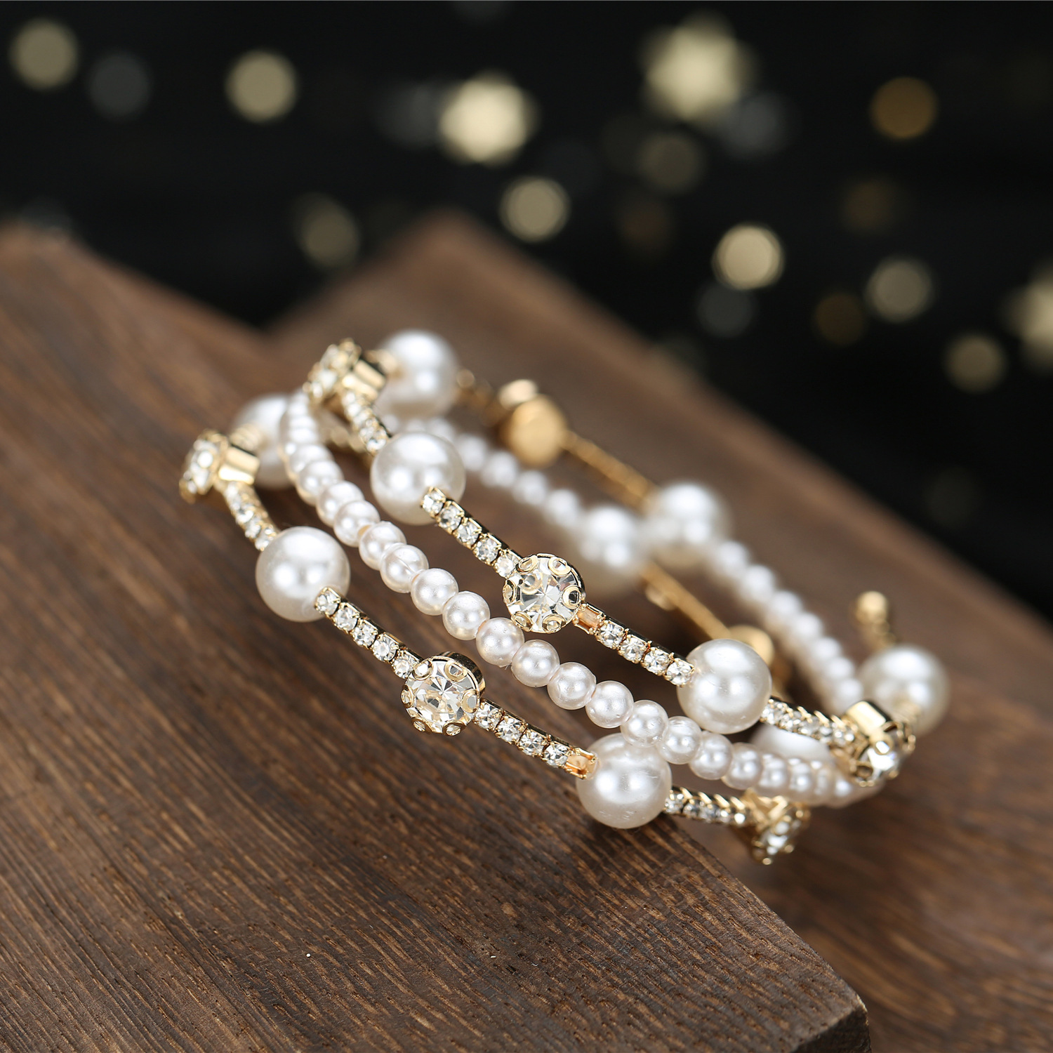 Gold Multi Layer Pearl Rhinestone Cuff Bracelet Bridal Wedding Jewelry for Women - Image 3