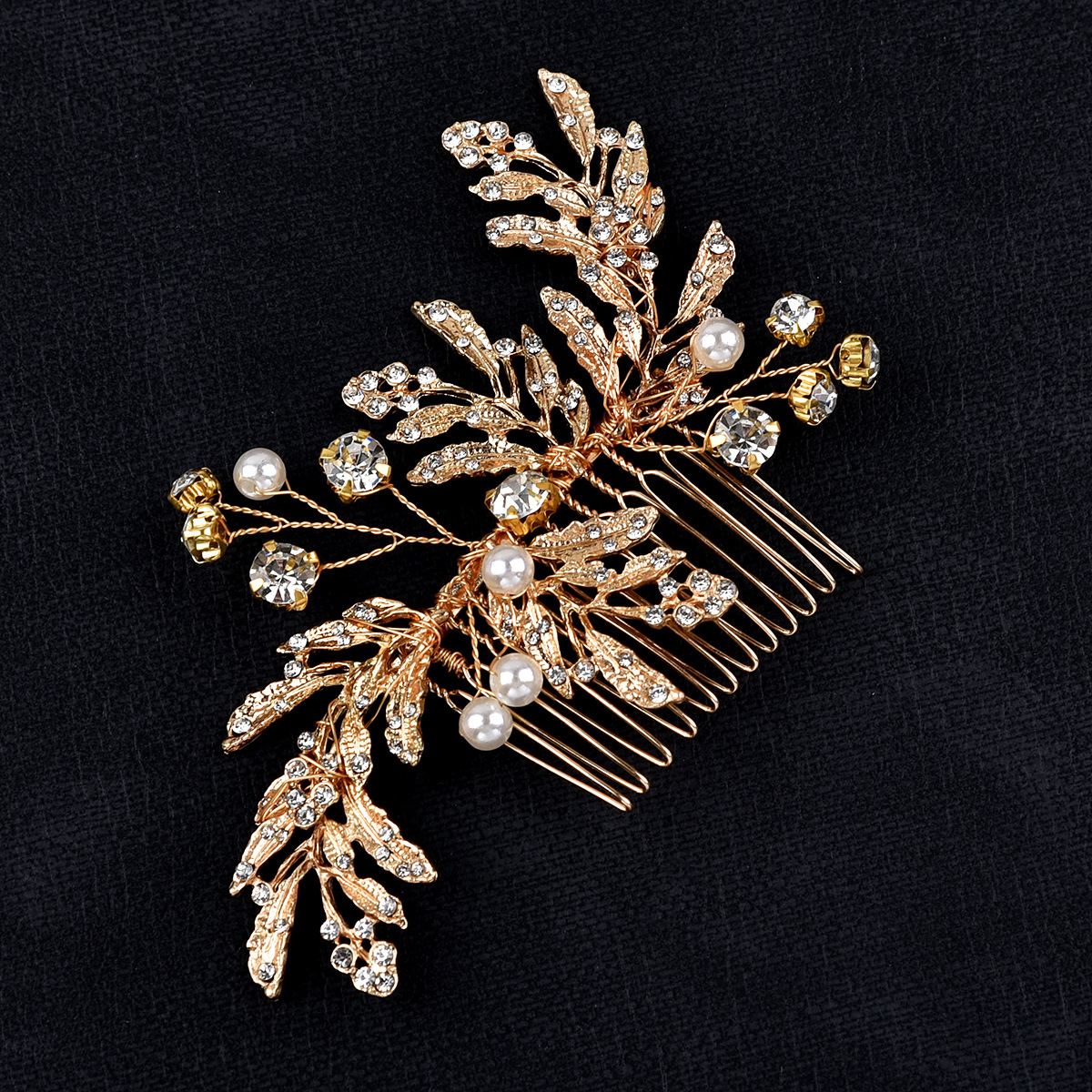 Gold Leaf Pearl Rhinestone Hair Comb Bridal Wedding Hair Accessory for Women - Image 3