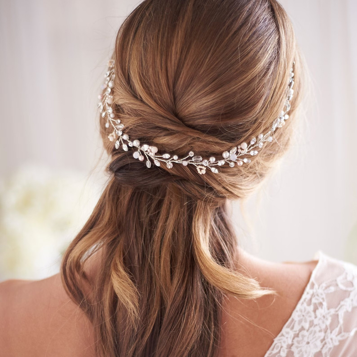 Pearl Crystal Beaded Hair Vine Bridal Wedding Flexible Hair Accessory for Women - Image 3