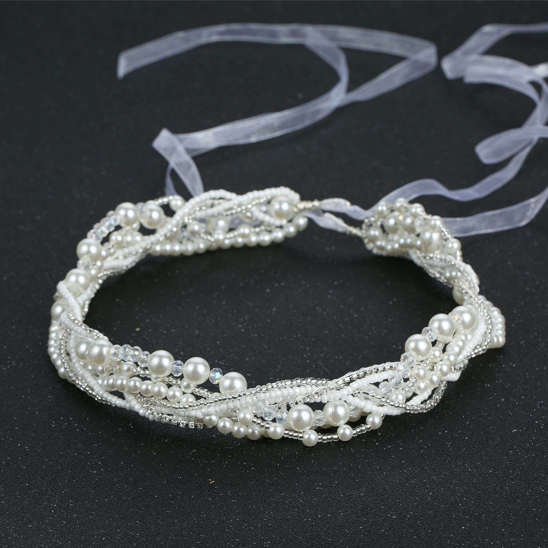 Handmade Multi Strand Pearl Crystal Bridal Headband With White Organza Ribbon Wedding Party Women Accessory - Image 4