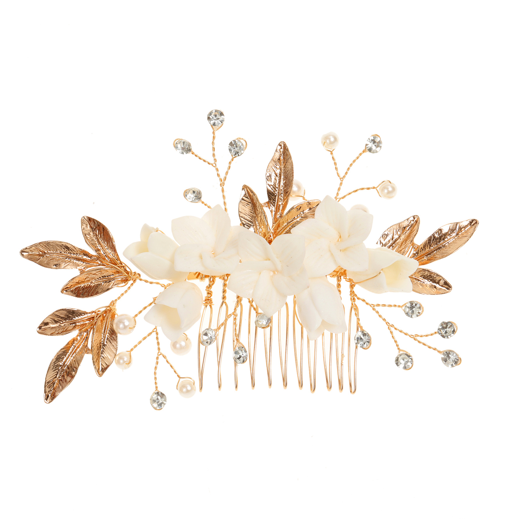 Handmade Gold Leaf White Ceramic Flower Pearl Crystal Bridal Hair Comb Wedding Women Formal Accessory - Image 4