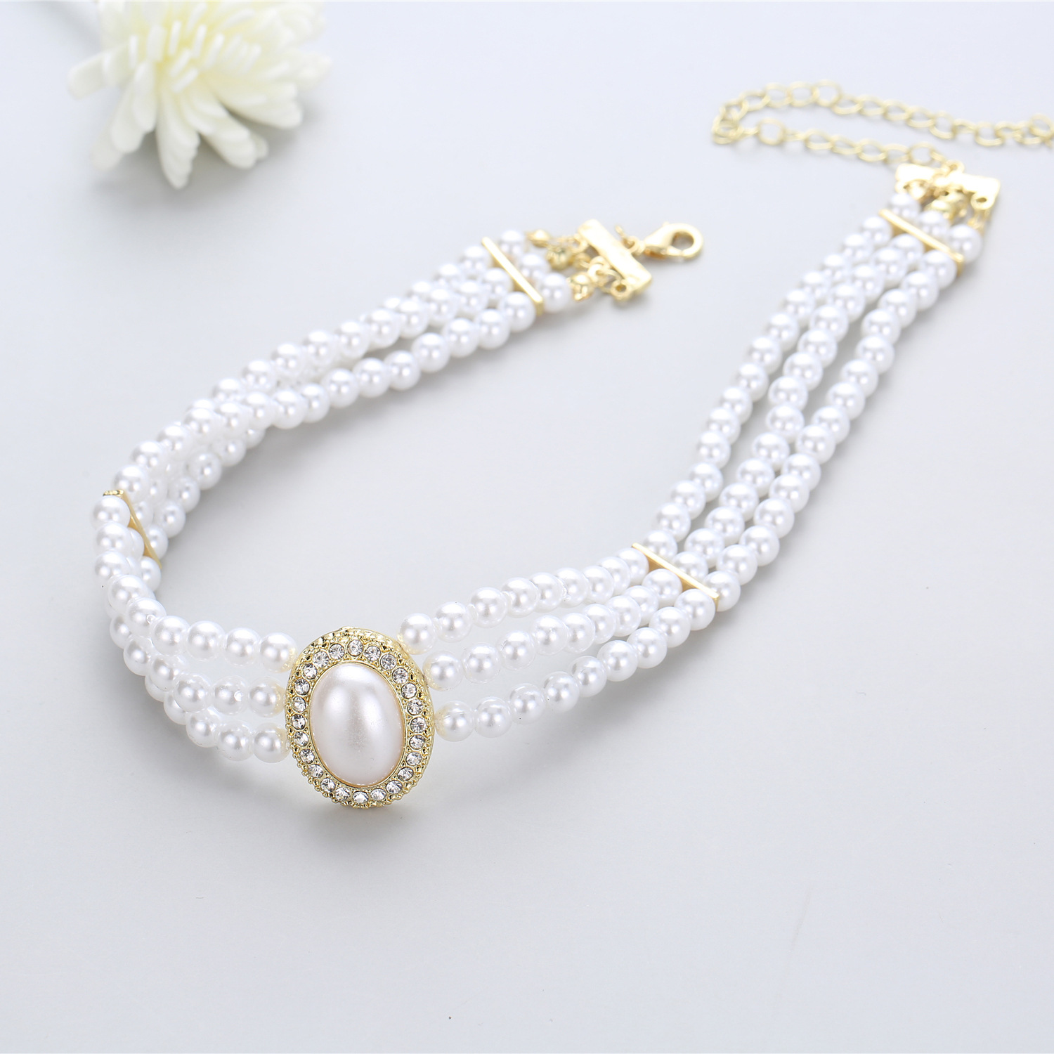 Multi Strand Pearl Choker Necklace Oval Crystal Gold Bridal Wedding Women Formal Vintage Party Jewelry - Image 4