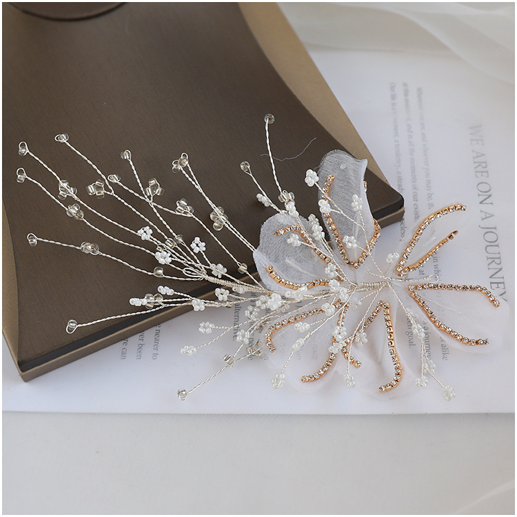 Sheer Fabric Flower Pearl Bridal Hair Clip Wedding Women Formal Boho Handmade Floral Hair Accessory - Image 4
