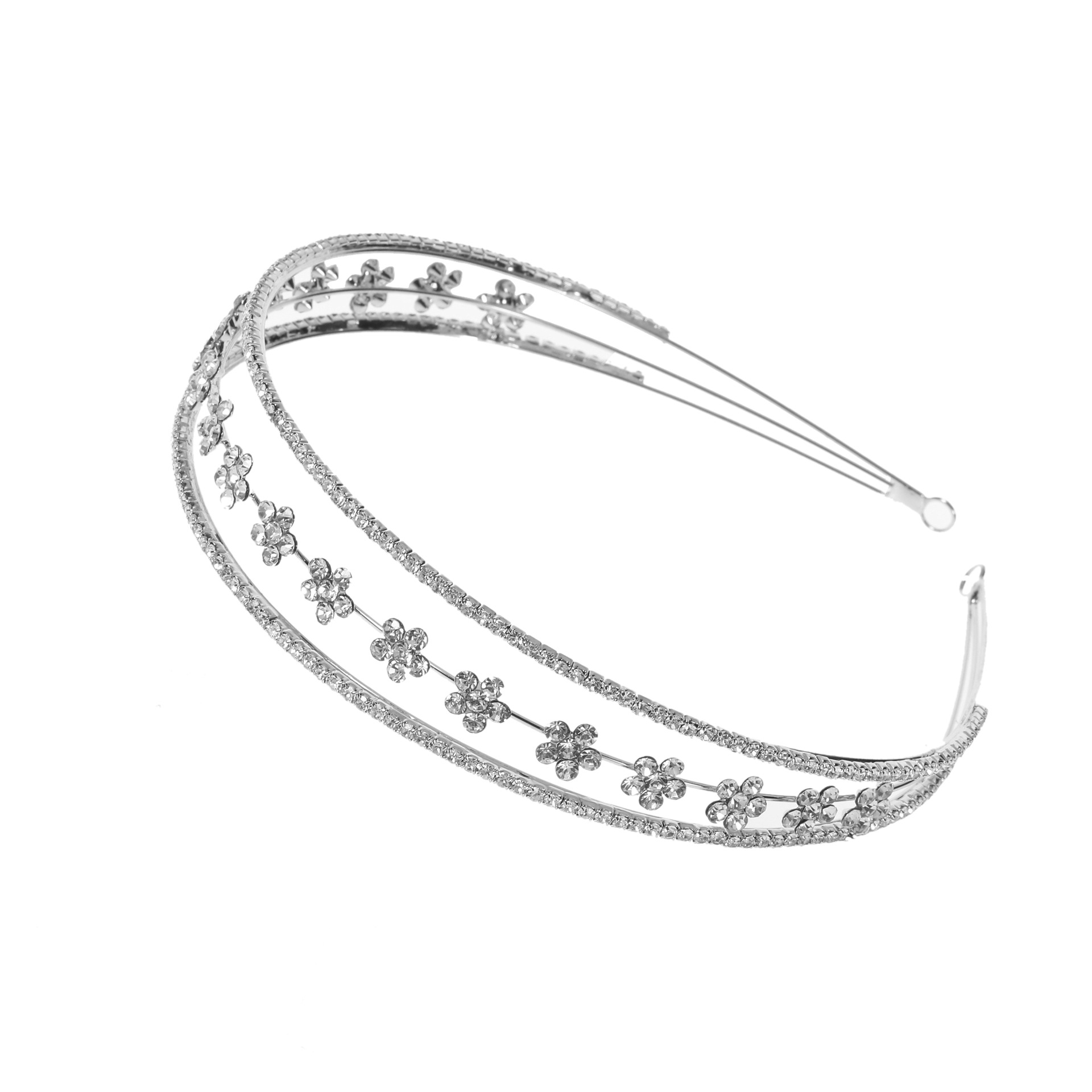 Silver Double Band Rhinestone Flower Bridal Headband Wedding Women Delicate Sparkly Thin Formal Party Tiara - Image 4