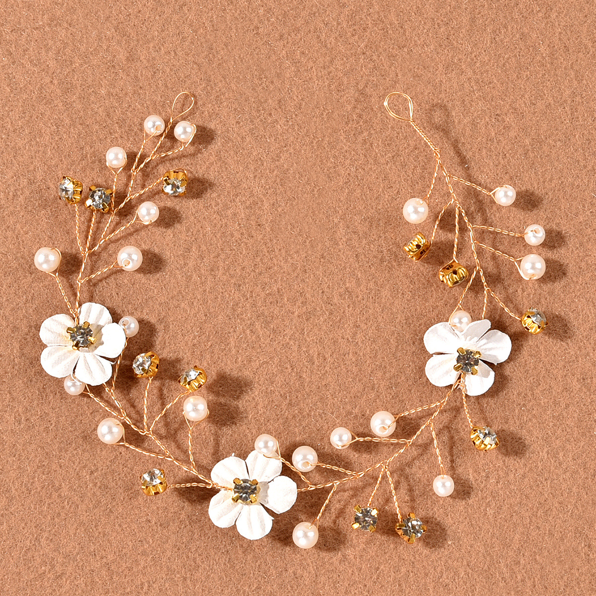 Gold White Flower Pearl Crystal Bridal Hair Vine Wedding Women Delicate Handmade Side Formal Headpiece - Image 4