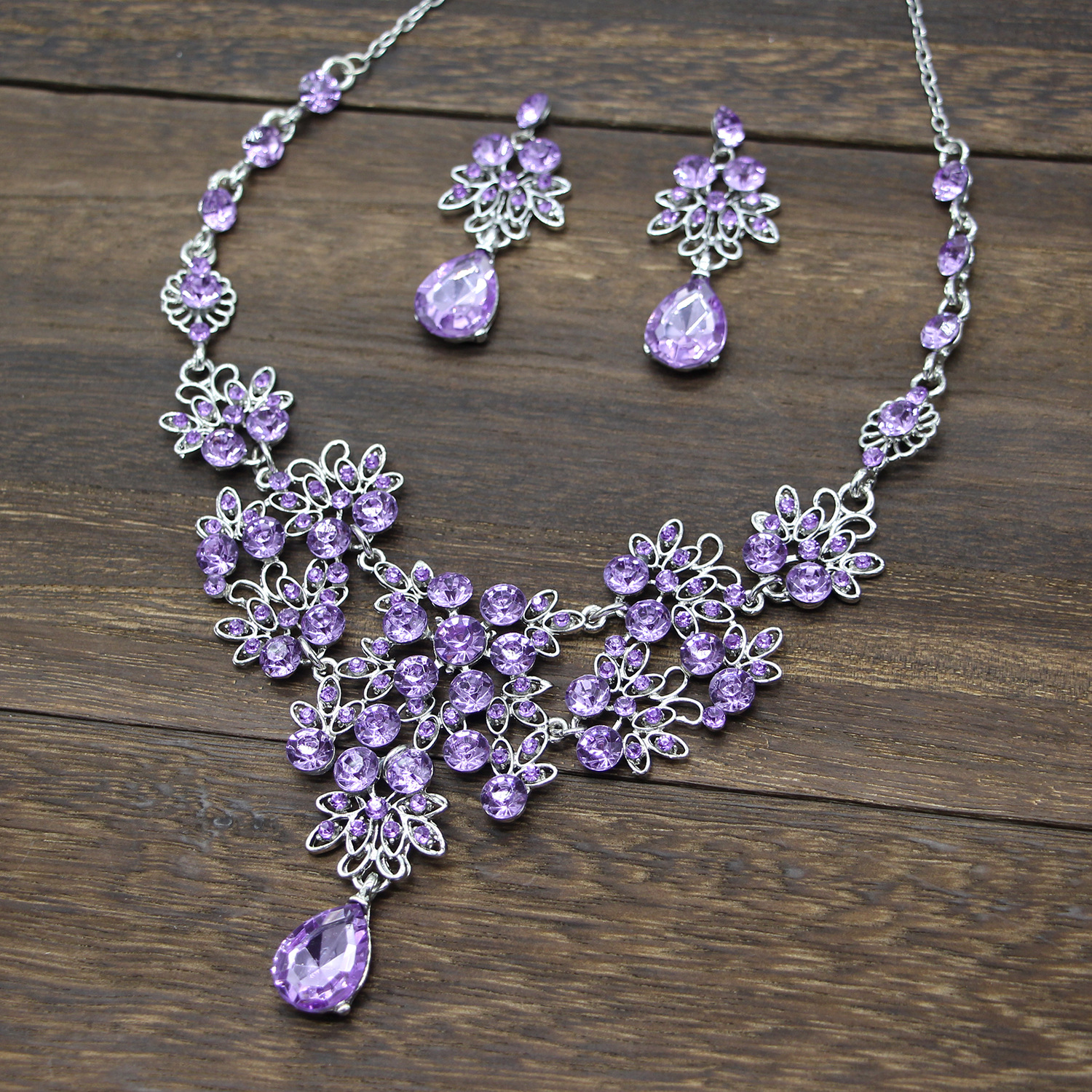 Silver Blue Teardrop Rhinestone Floral Necklace Earring Set Women Formal Wedding Banquet Sparkling Statement Jewelry - Image 4